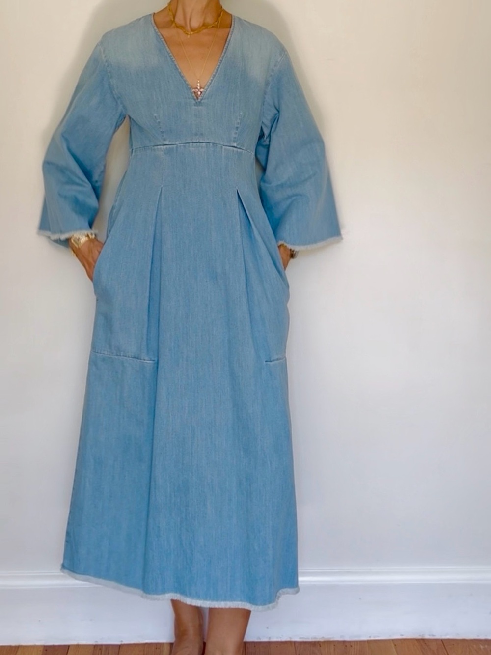 Light Denim V-Neck Maxi Dress in Blue